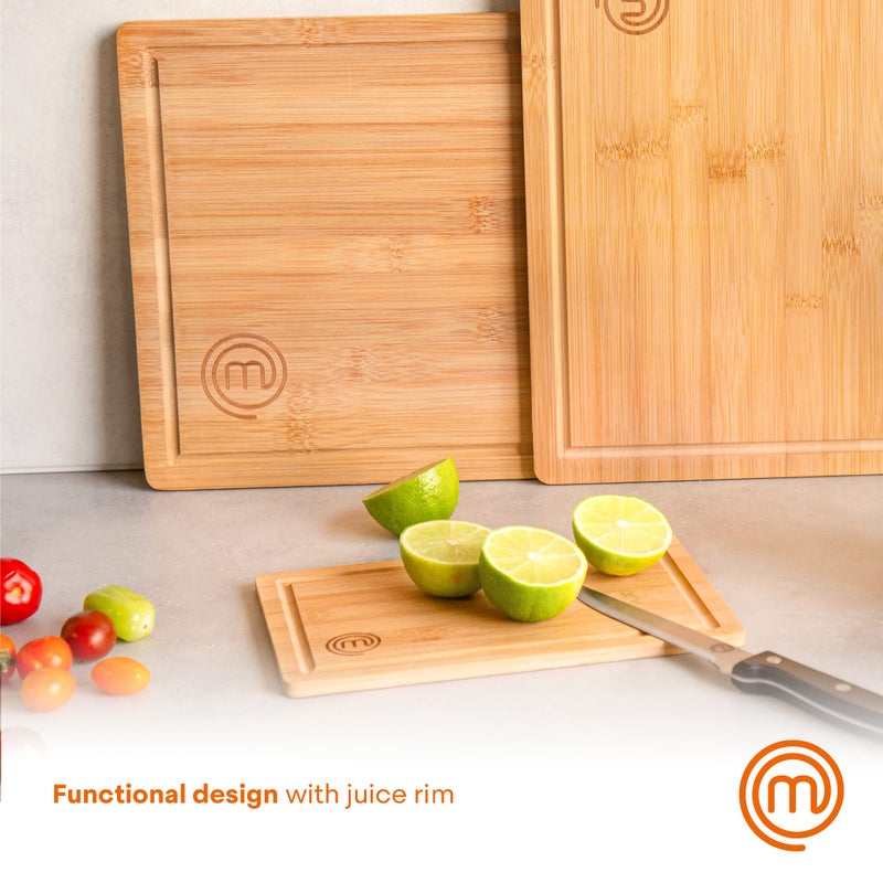 MasterChef Cutting Boards for Kitchen  Bamboo Chopping Board Set of 3  Organic Food Safe Surfaces for Preparing & Serving Meat  Cheese etc  Large  Medium & Small Wooden Boards with Juice Grooves - Image 4